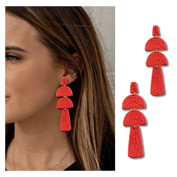 Seed Beaded Long Statement Earrings Geometric Design in Red or Royal Blue NEW - Picture 4 of 5